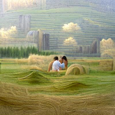 Young Couple's Joyful Hay Field Game: Matte Painting
