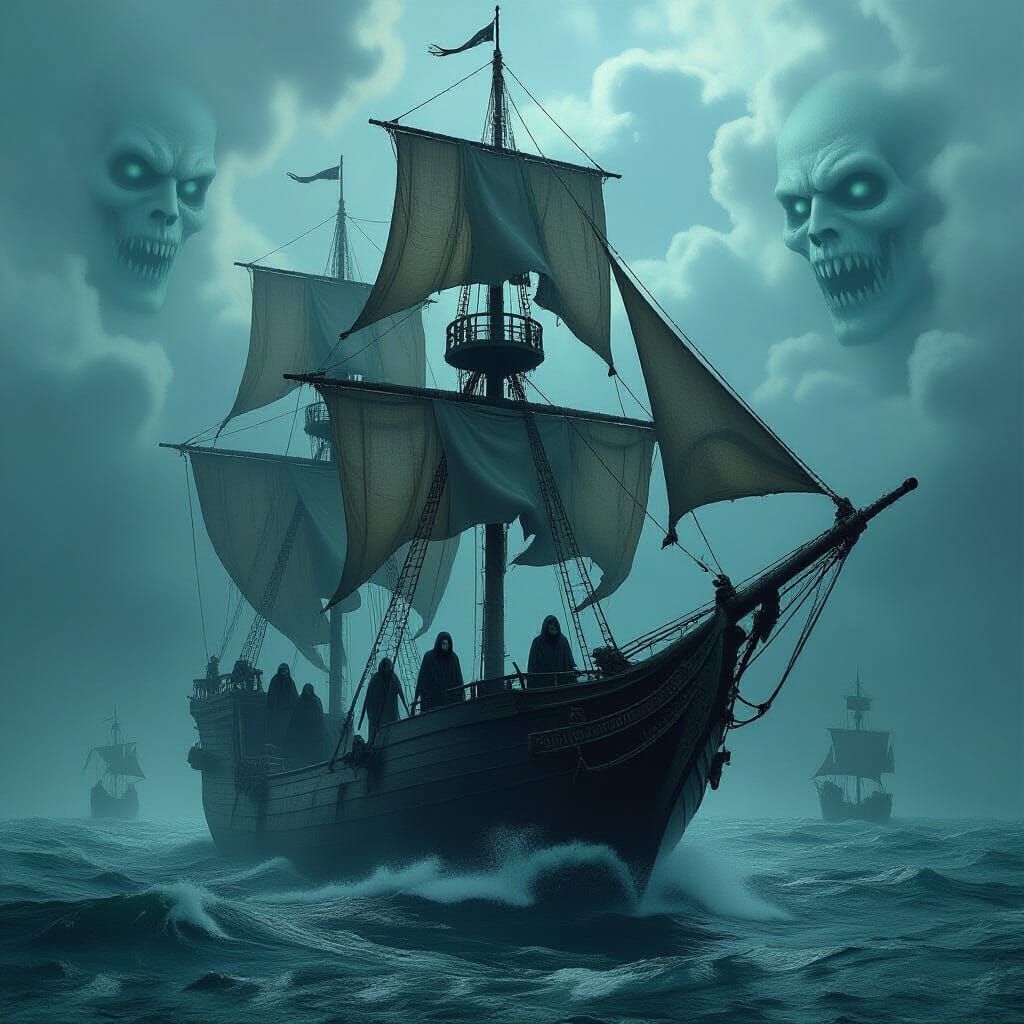 Ghost Ship Sails Stormy Skies in Gothic Horror Style