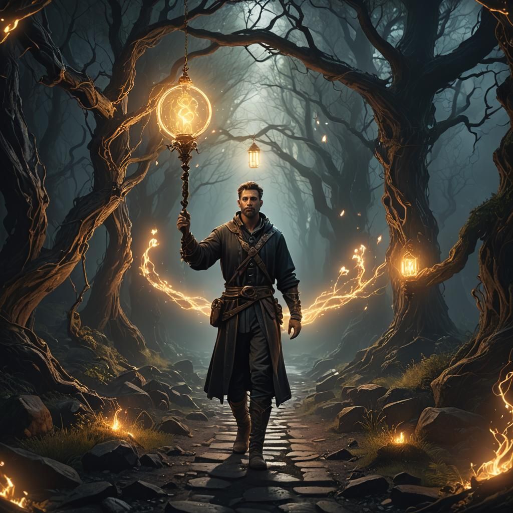 Man Guides Path with Light in the Dark