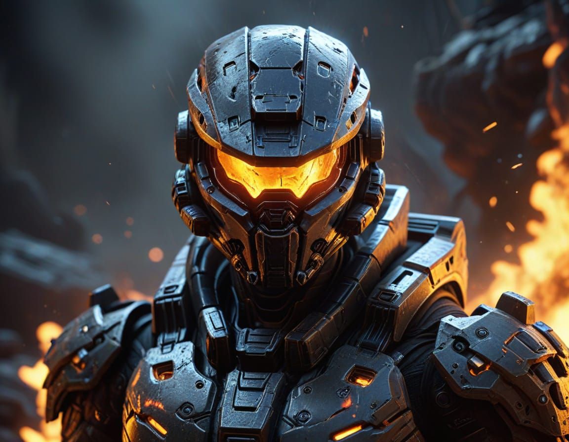 Fiery Courage: Armored Soldier in Sci-Fi Inferno