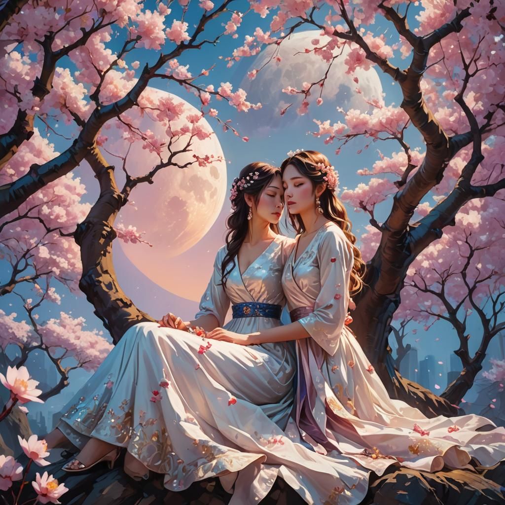 Girls in Wedding Dresses Under Cherry Blossom Trees