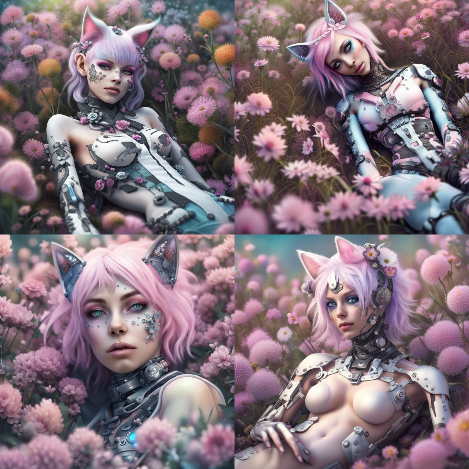 Hyperrealistic Catgirl Cybergoth in a Flower Field