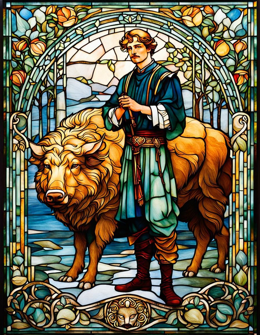 Nordic Man and Golden Boar in Mucha Style