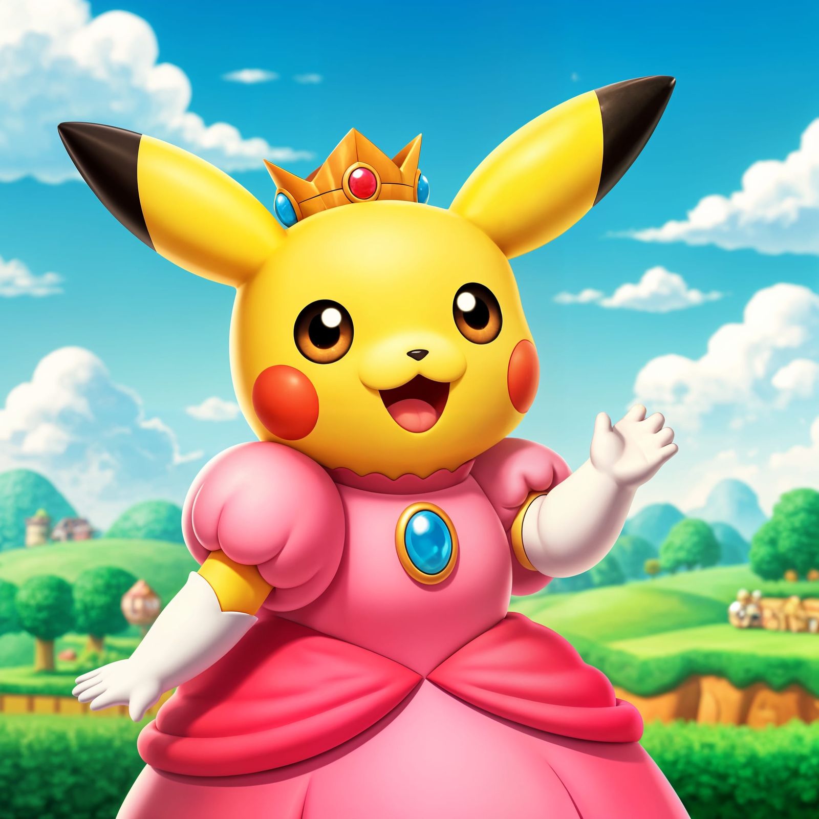 Peachkachu in Princess Peach Dress, Digital Art