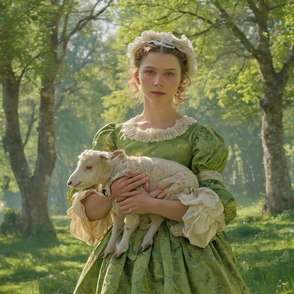 Rococo Shepherdess with Lamb in Meadow