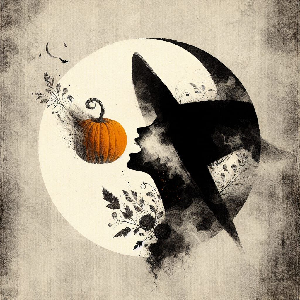 Minimalist Witch Licking Pumpkin in Ethereal Style