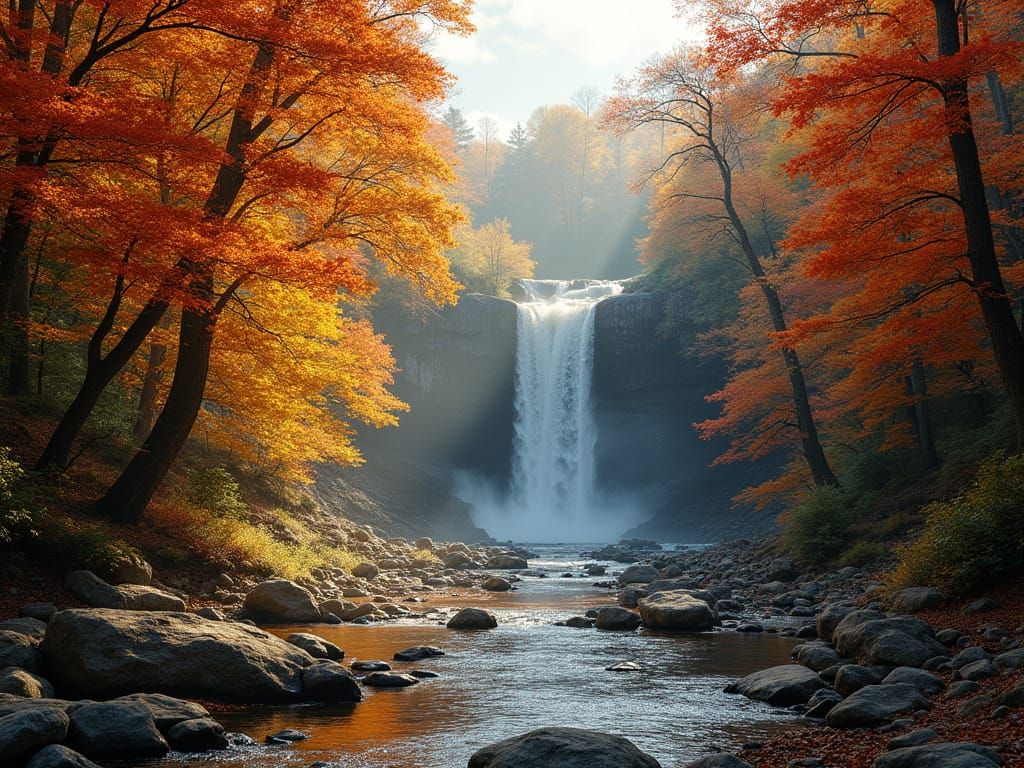Vibrant Autumn Forest Panorama with Winding River and Waterf...
