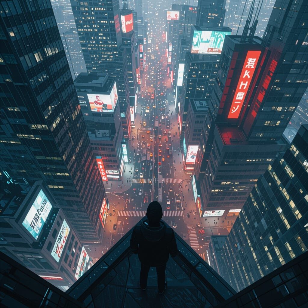 Futuristic Rooftop View in Cyberpunk Style