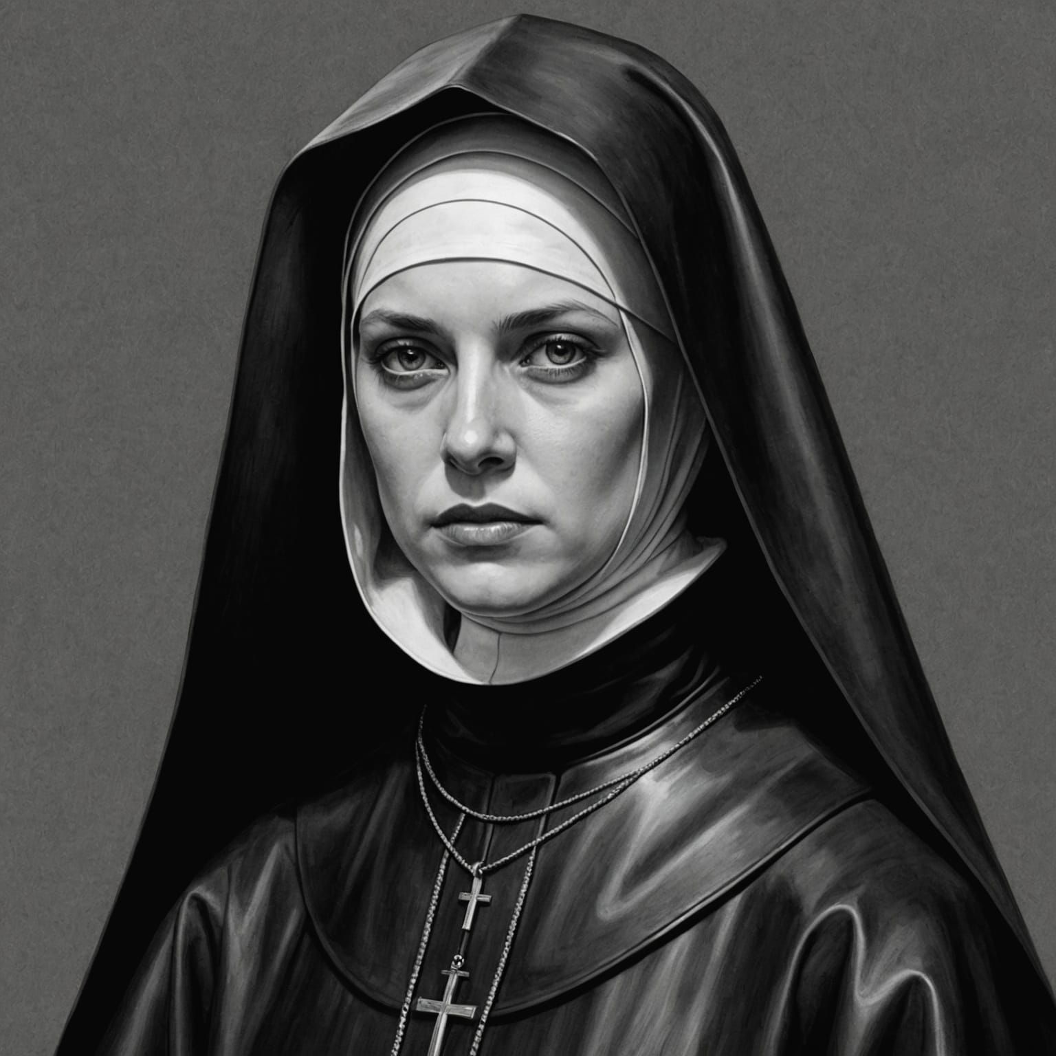 Hyperdetailed Charcoal Drawing of Rubber Nun