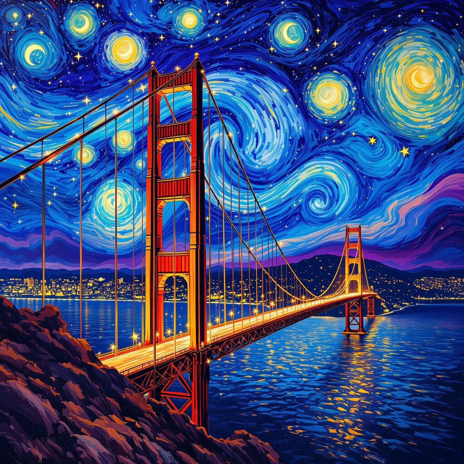 Golden Gate Bridge in Starry Night-Inspired Fantasy
