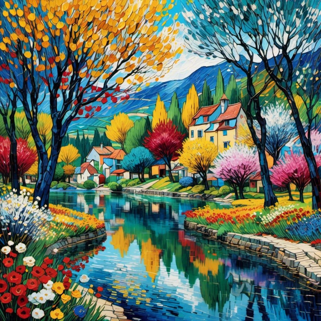 Colorful Village Scene in Van Gogh Style