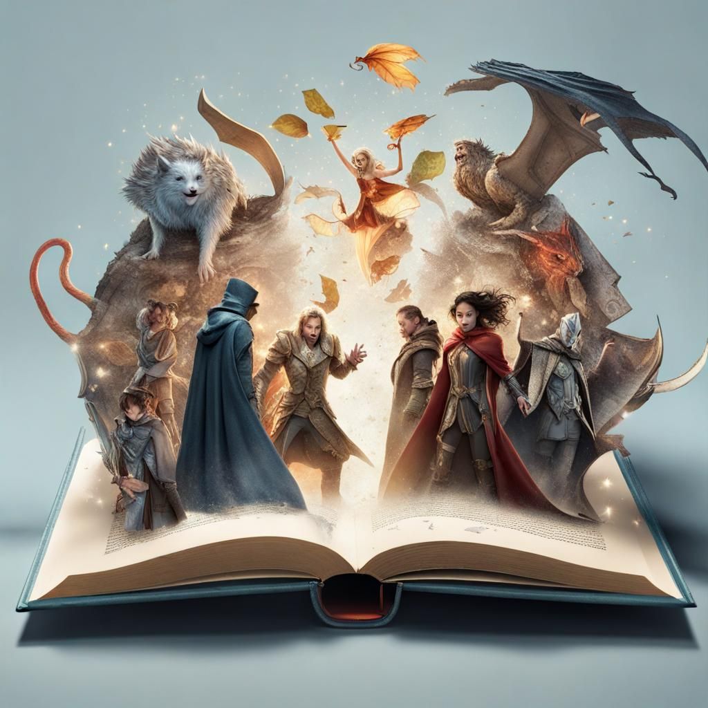 Fantasy Characters Bursting from Open Book