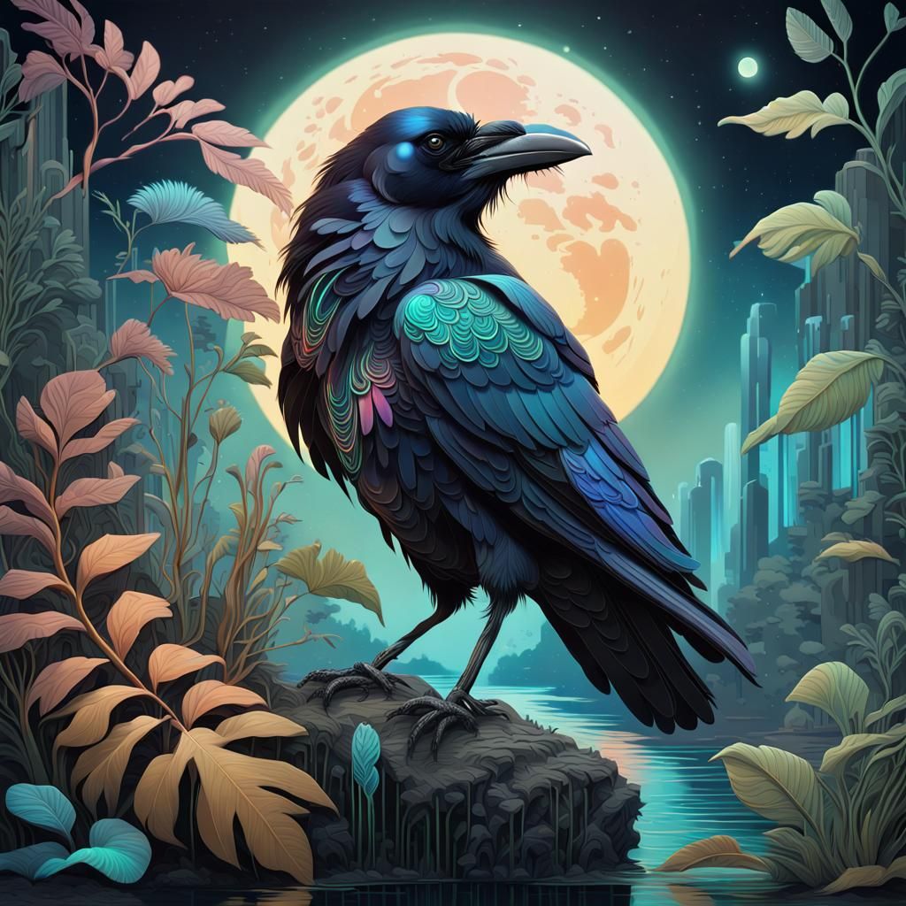Art Deco Raven with Bioluminescent Details