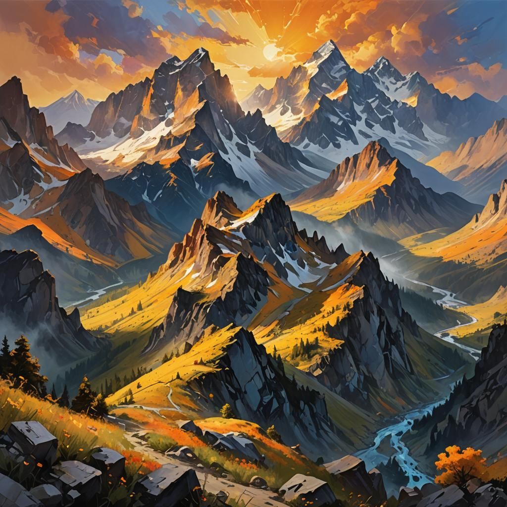 Majestic Mountain Range at Sunrise, Impressionist Style