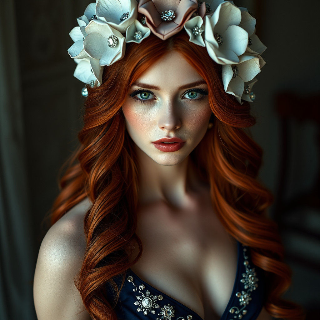 Redhead with Flower Crown in Cinematic Style