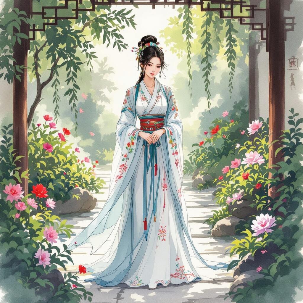 Elegant Woman in Chinese Garden, Ink Wash Painting