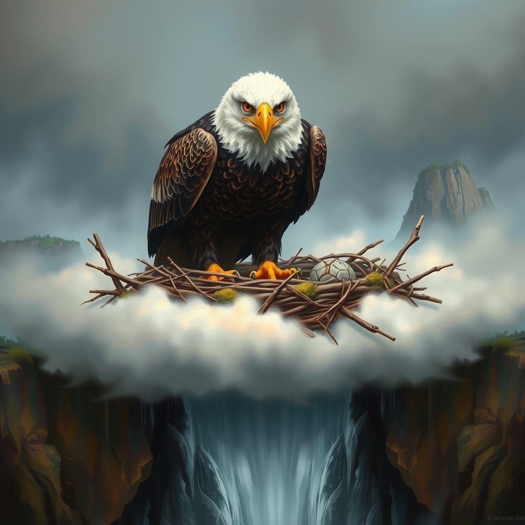 Eagle with Piercing Eyes Above Misty Waterfall