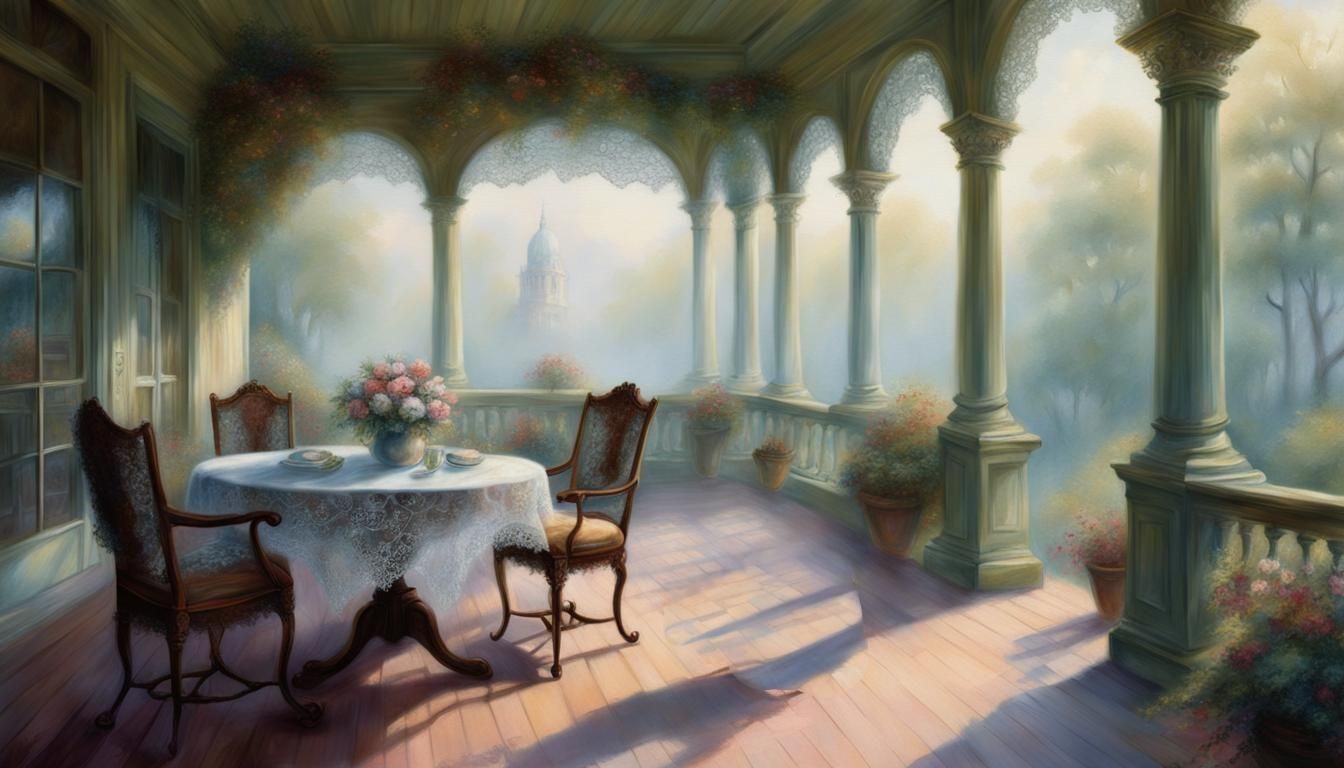 Ethereal Veranda with Dog in Pastel Hues