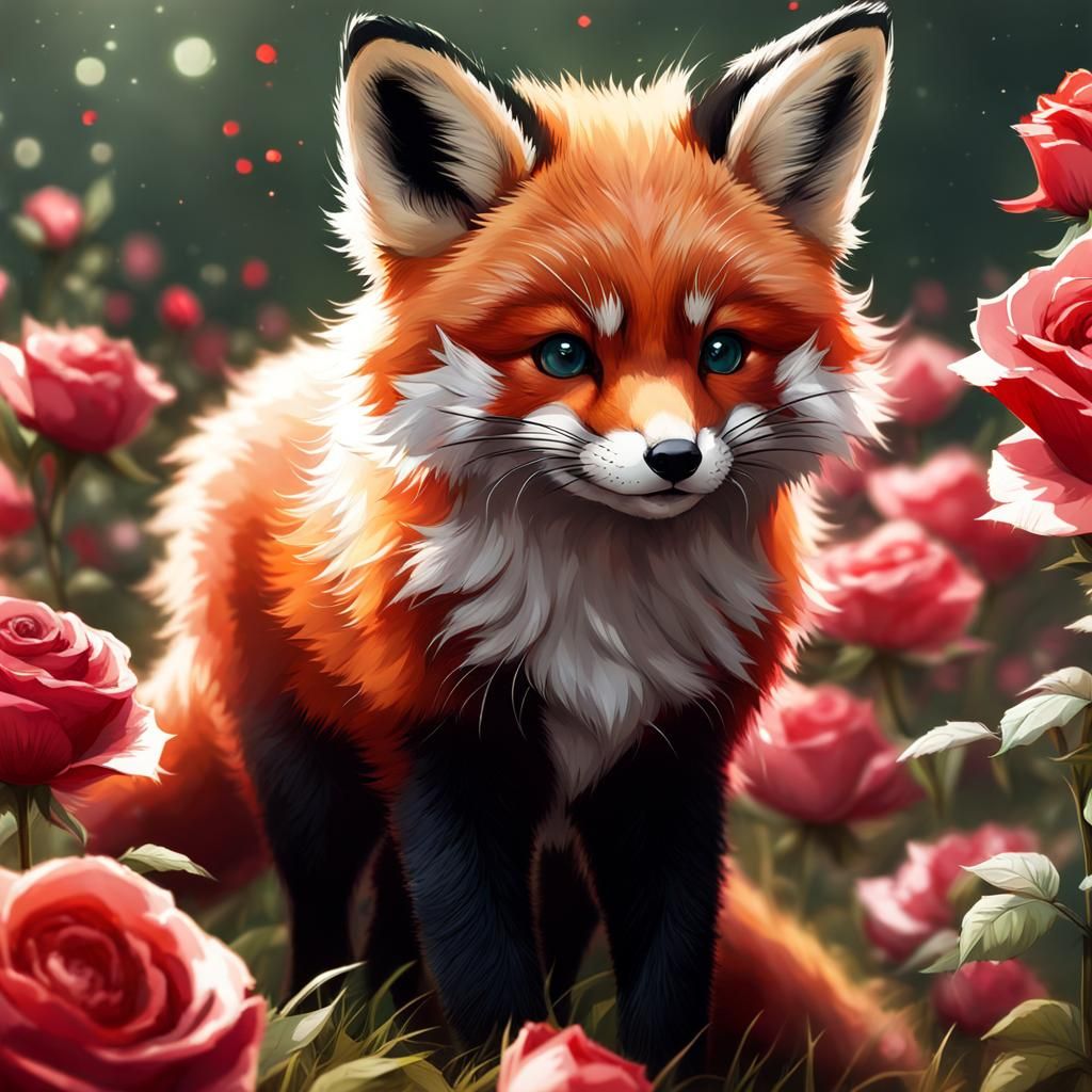 Adorable Red Fox with Panda Tail in Roses