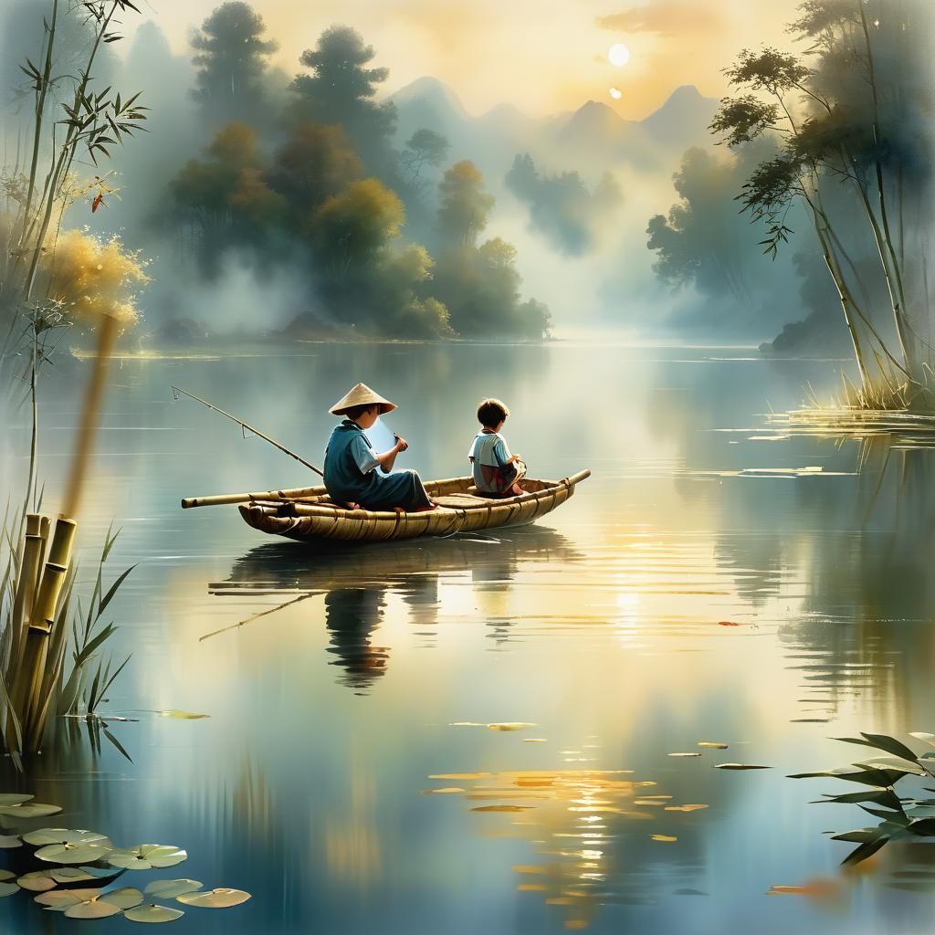 Dreamy Lakeside Fishing Scene in Watercolor Style
