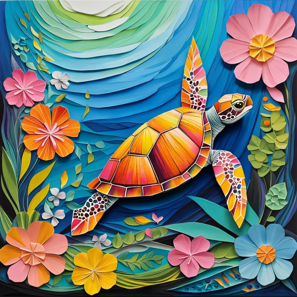 Origami Turtle with Floral Patterns in Art Brut Style