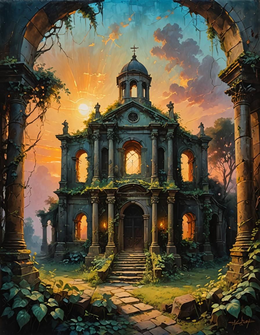 Roman Chapel in Wild Garden, Impasto Painting