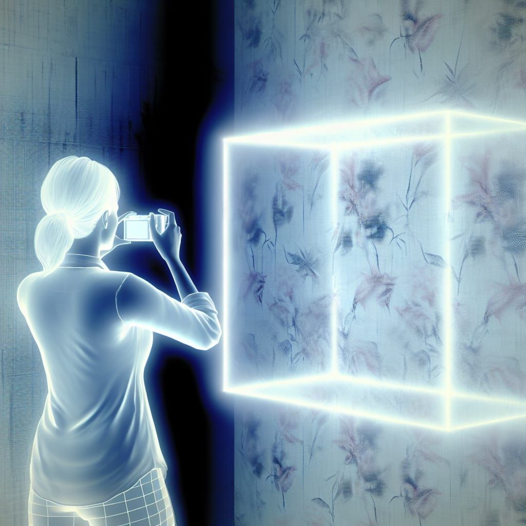 Woman in Ethereal Window Scene with 3D Wallpaper