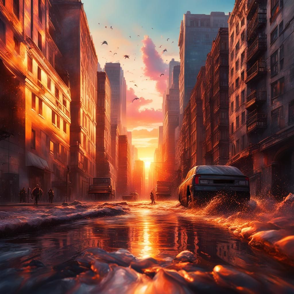 Urban Sunset in Hyperrealistic Splash Art Style