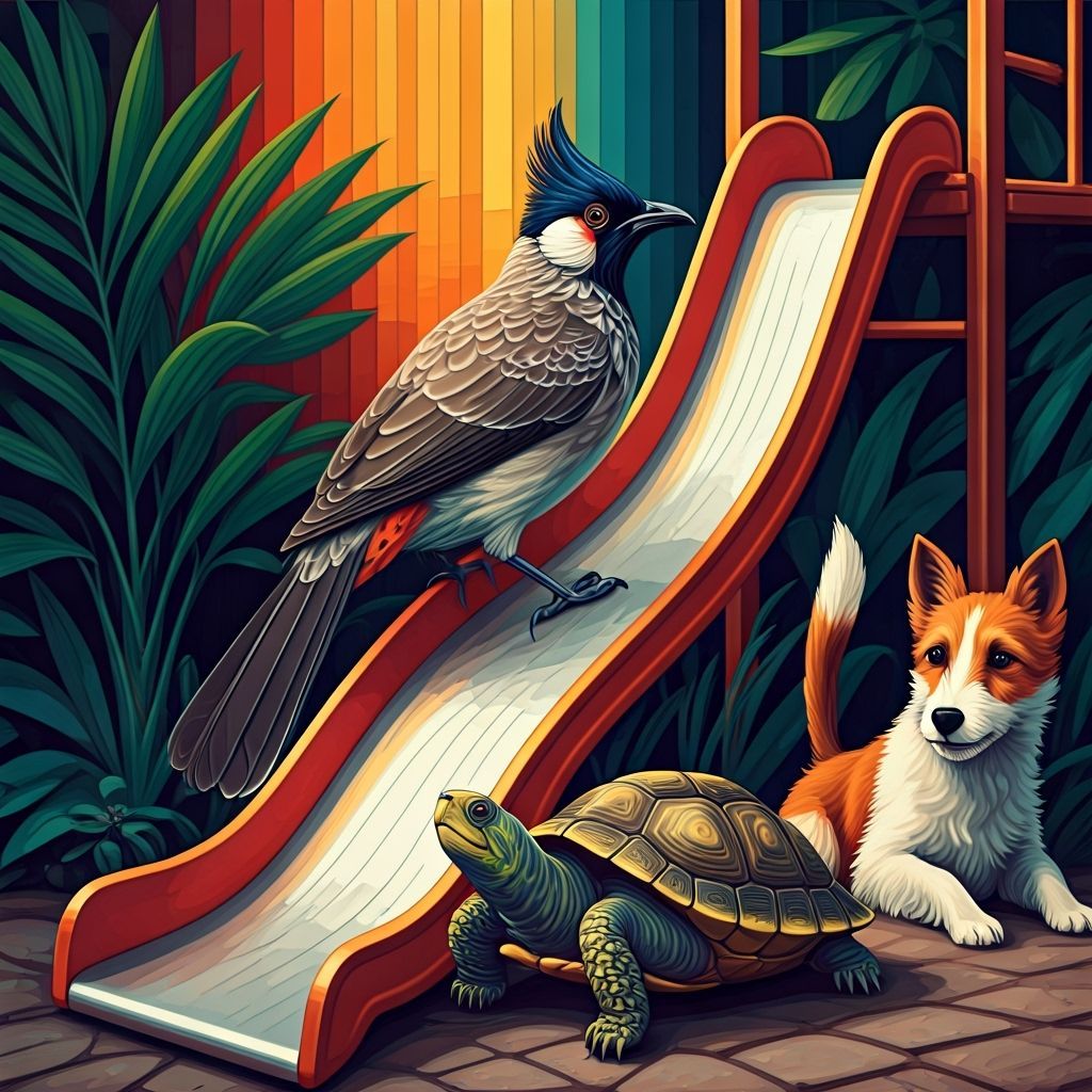 Vibrant Rayonism Scene With Bulbul, Turtle, and Fox Terrier