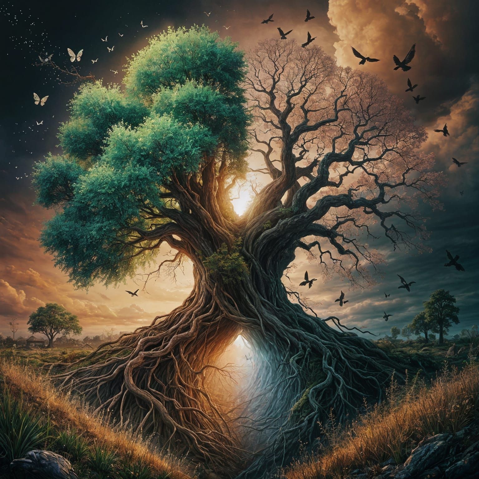 Dualism: Ancient Tree in Gouache Museum Impressionism Style