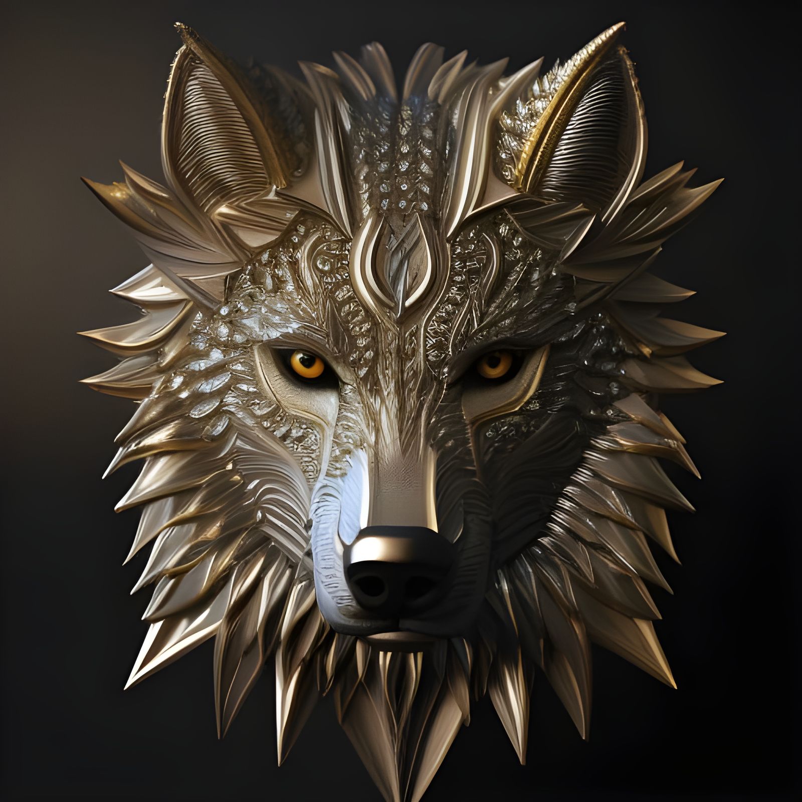 Ornate 3D Silver Wolf Carving with Gold