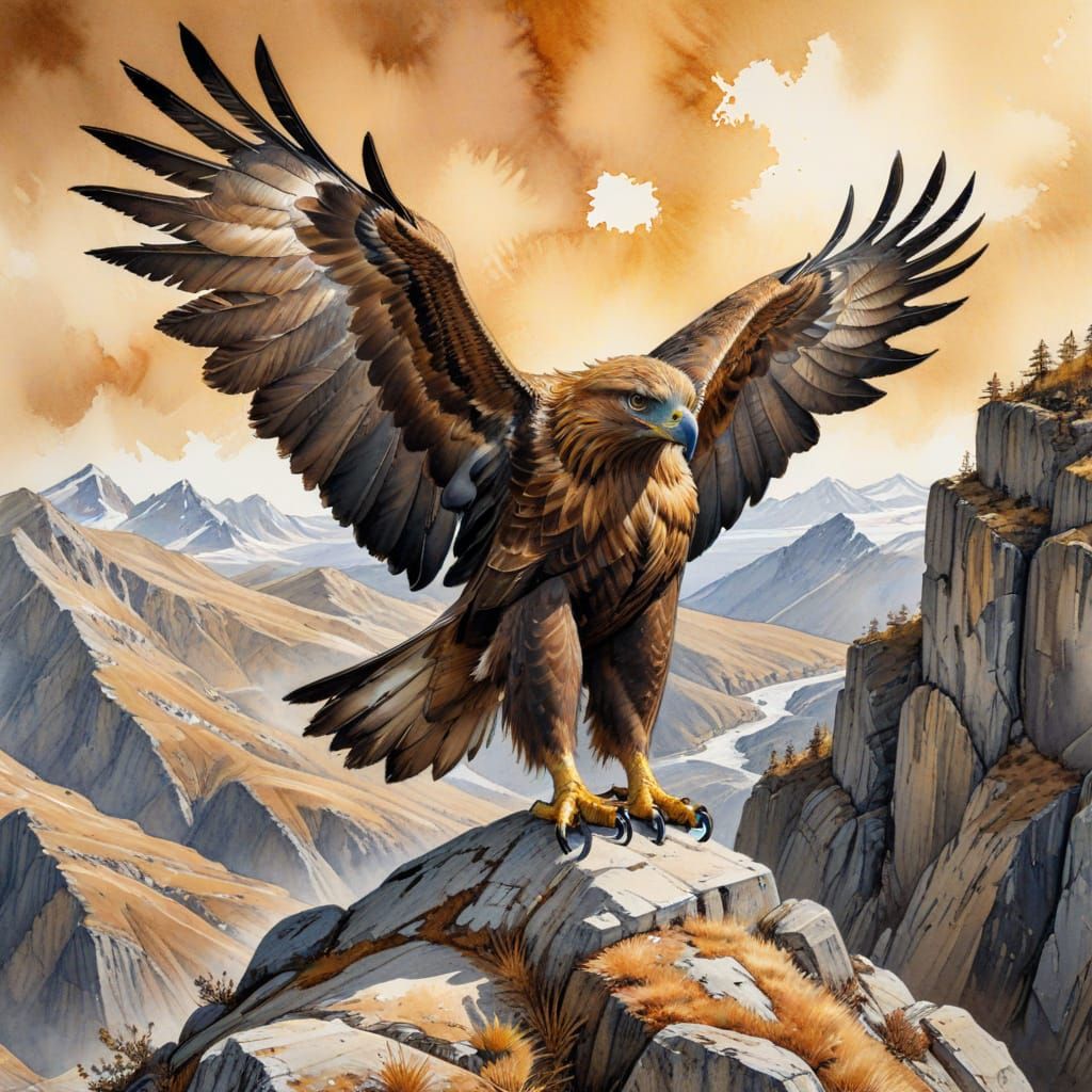 Golden Eagle on Cliffside in Ink and Watercolour Style
