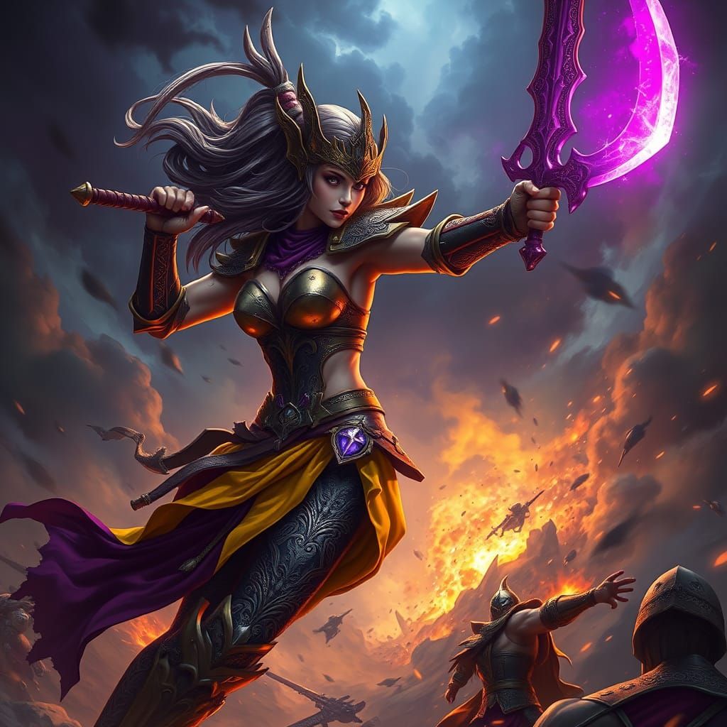 Epic Female Warrior Battle in Dark Fantasy Style