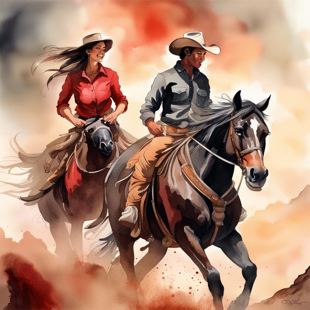 Cowboy and Cowgirl Ride in Desert, Watercolor Style