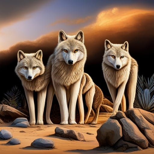 Ultra Realistic Timber Wolf Family in Desert