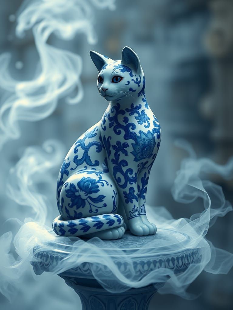 Delft Blue Ceramic Cat on Mystical Pedestal