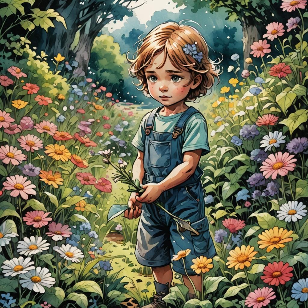 Child Gathering Flowers in Watercolor Comic Art