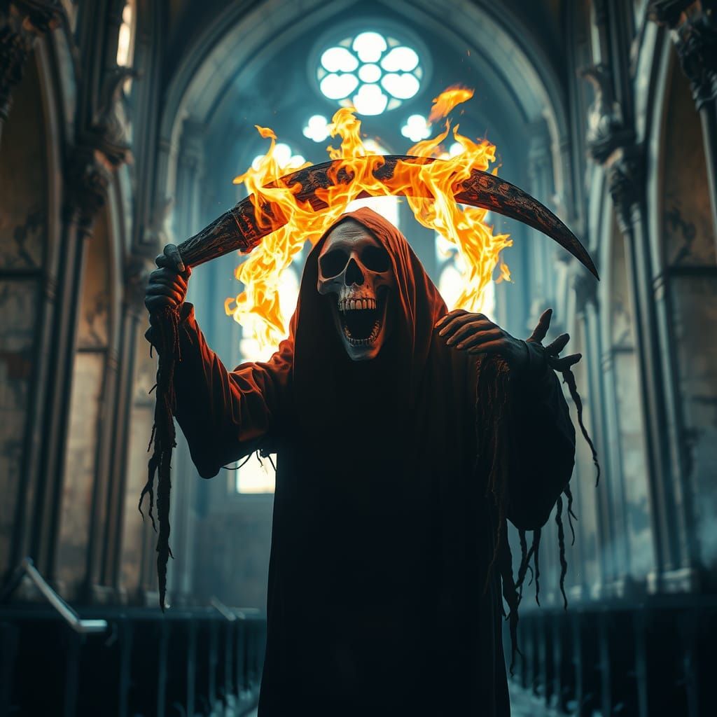 Terrifying Grim Reaper in a Destroyed Cathedral
