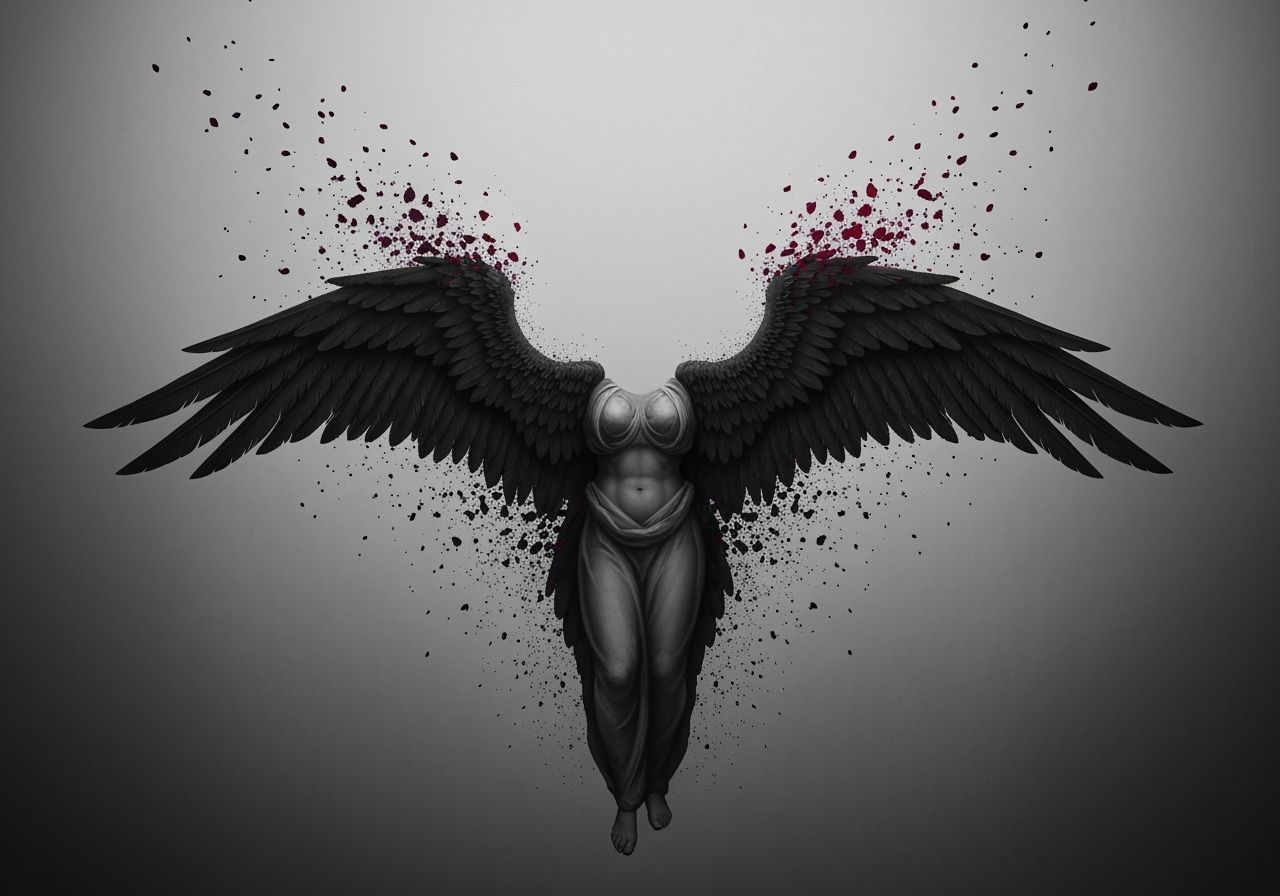 Dark Wings Shattering into Crimson and Violet Particles