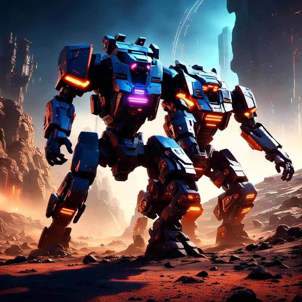 Mecha Clash in Cyberpunk Sci-Fi Landscape