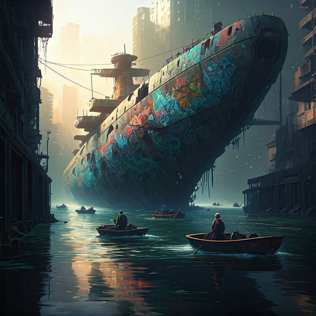 Derelict Spaceship Wreck in Polluted Urban Canal