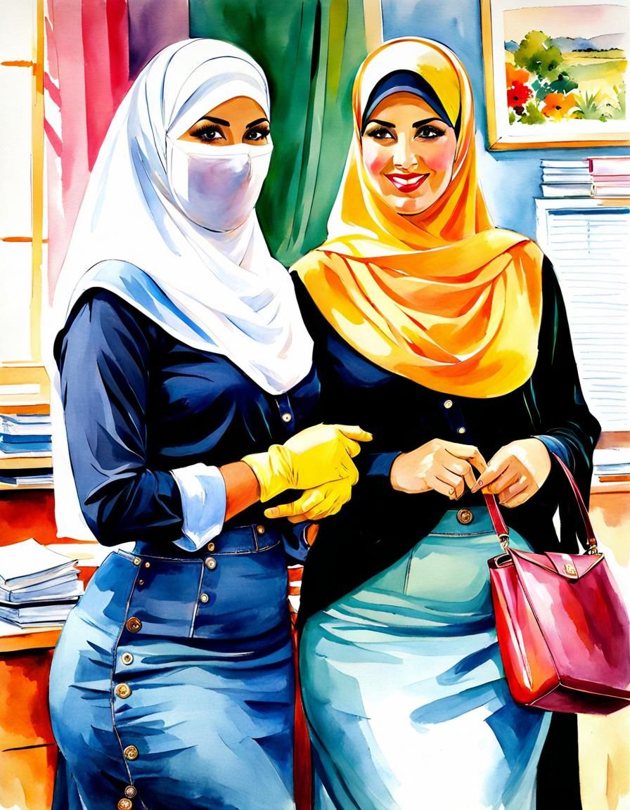 Niqabi Teachers Collaboration in Watercolor Style