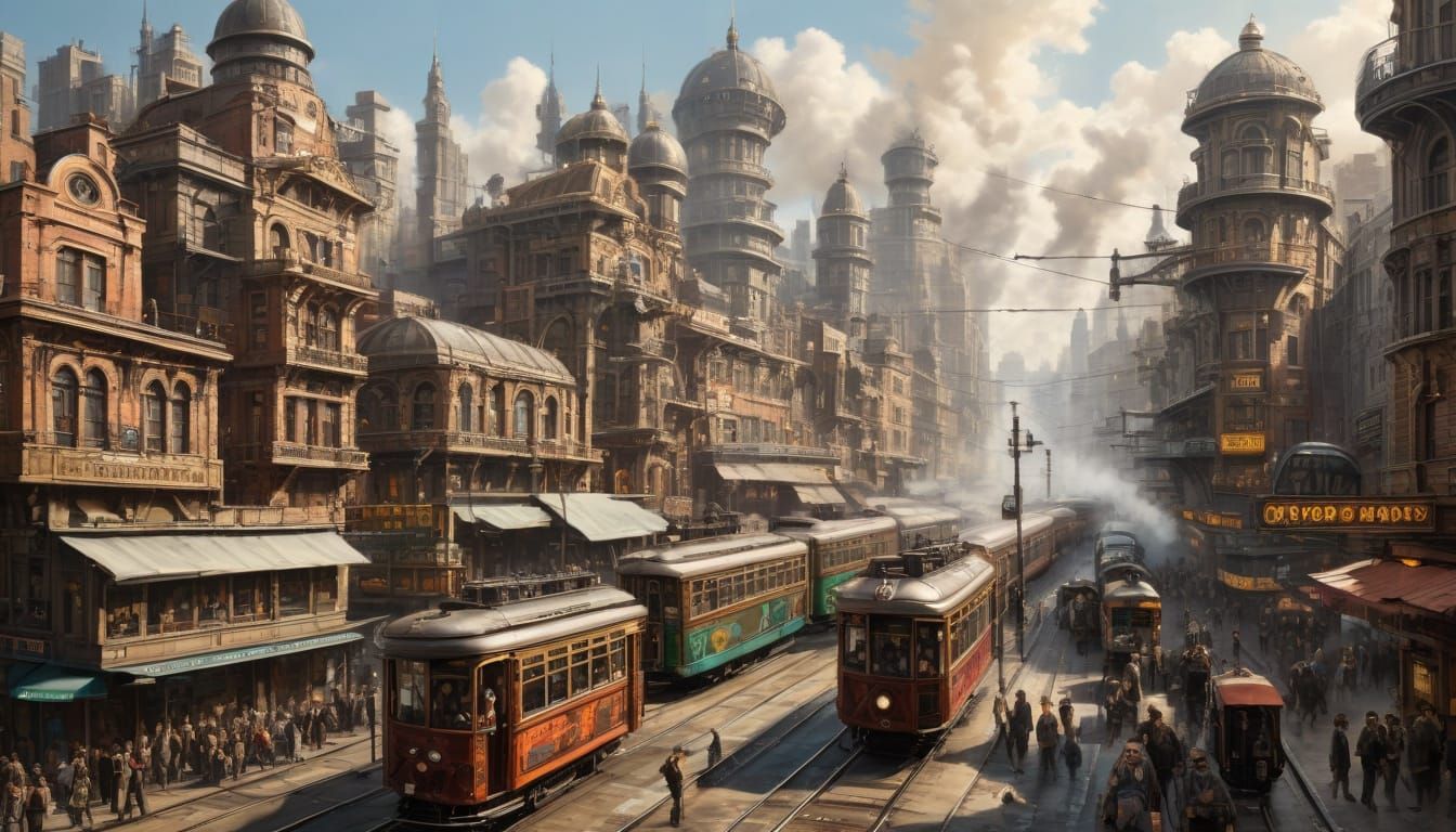Steampunk Cityscape: Airbrush Art of Bustling Streets