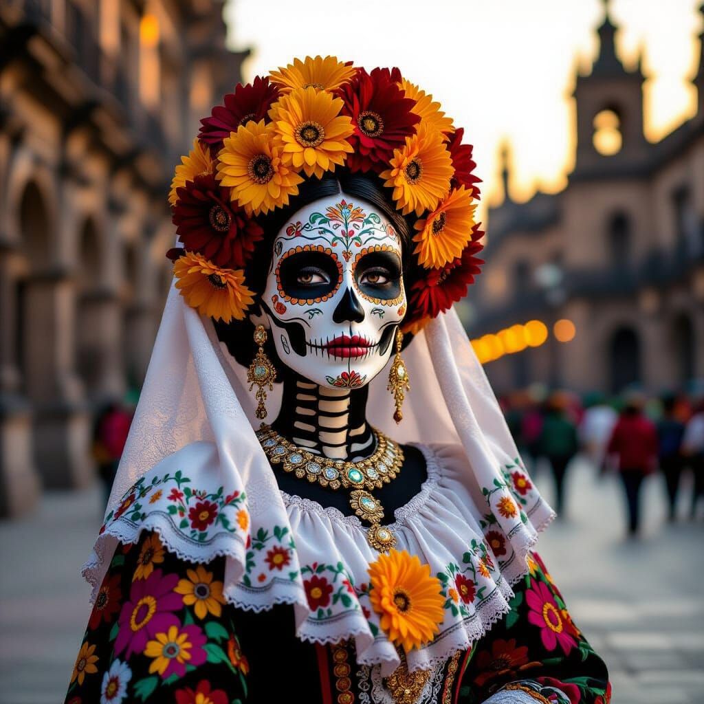 Regal Catrina Adorned with Marigolds in Golden Hour Light