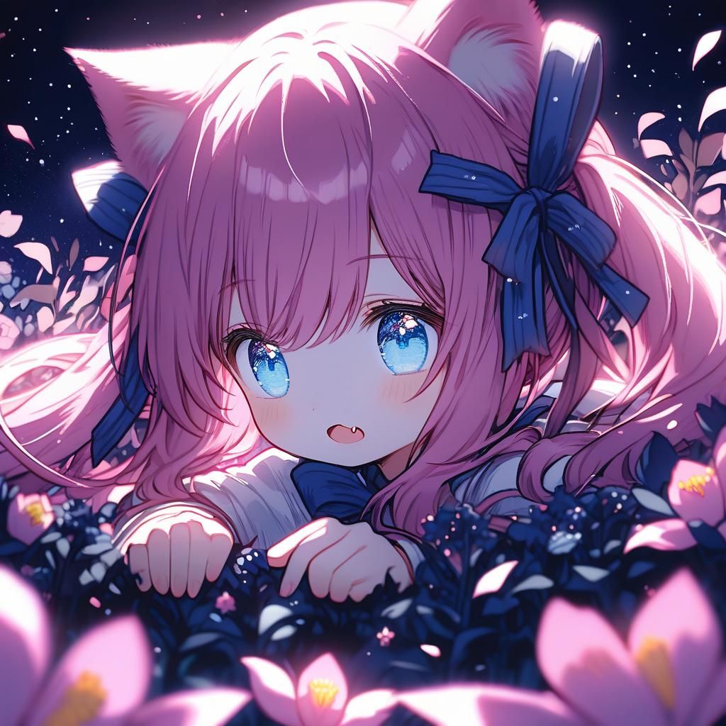 Adorable Chibi Catgirl in Pink Flowers