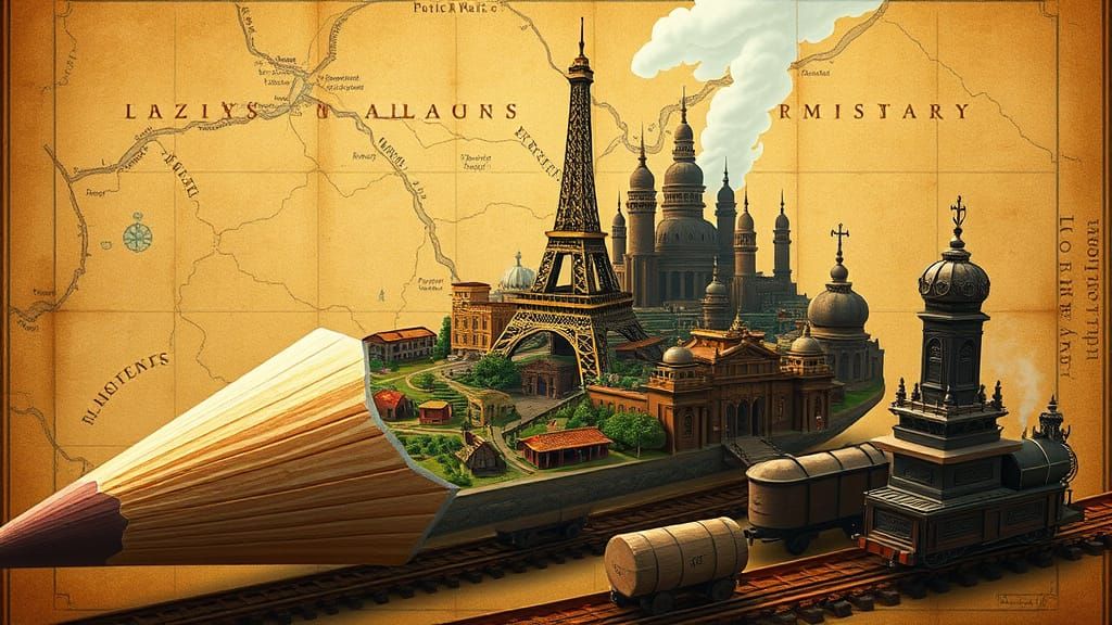 Cityscape Emerges From Giant Pencil on Vintage Map