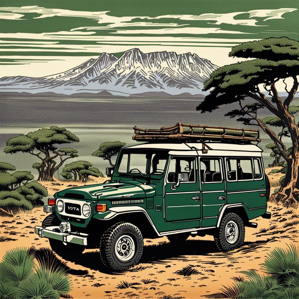 Land Cruiser Safari in Japanese Woodcut Style