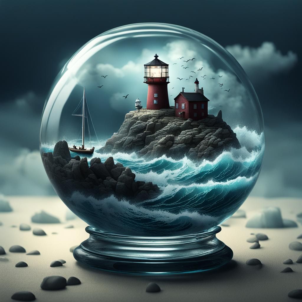 Miniature Ocean World in Glass Bowl, Surreal Digital Art