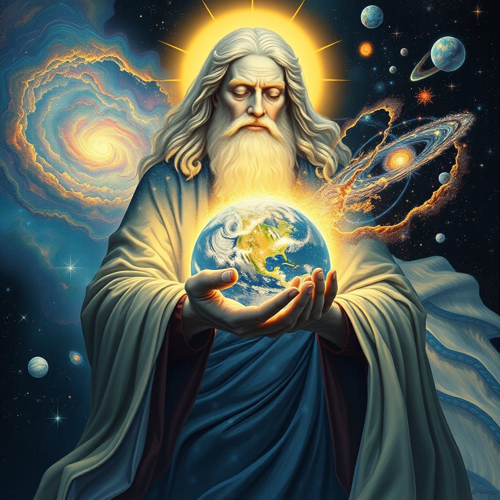 Ethereal Cosmic Guardian Cradles Universe in His Palm