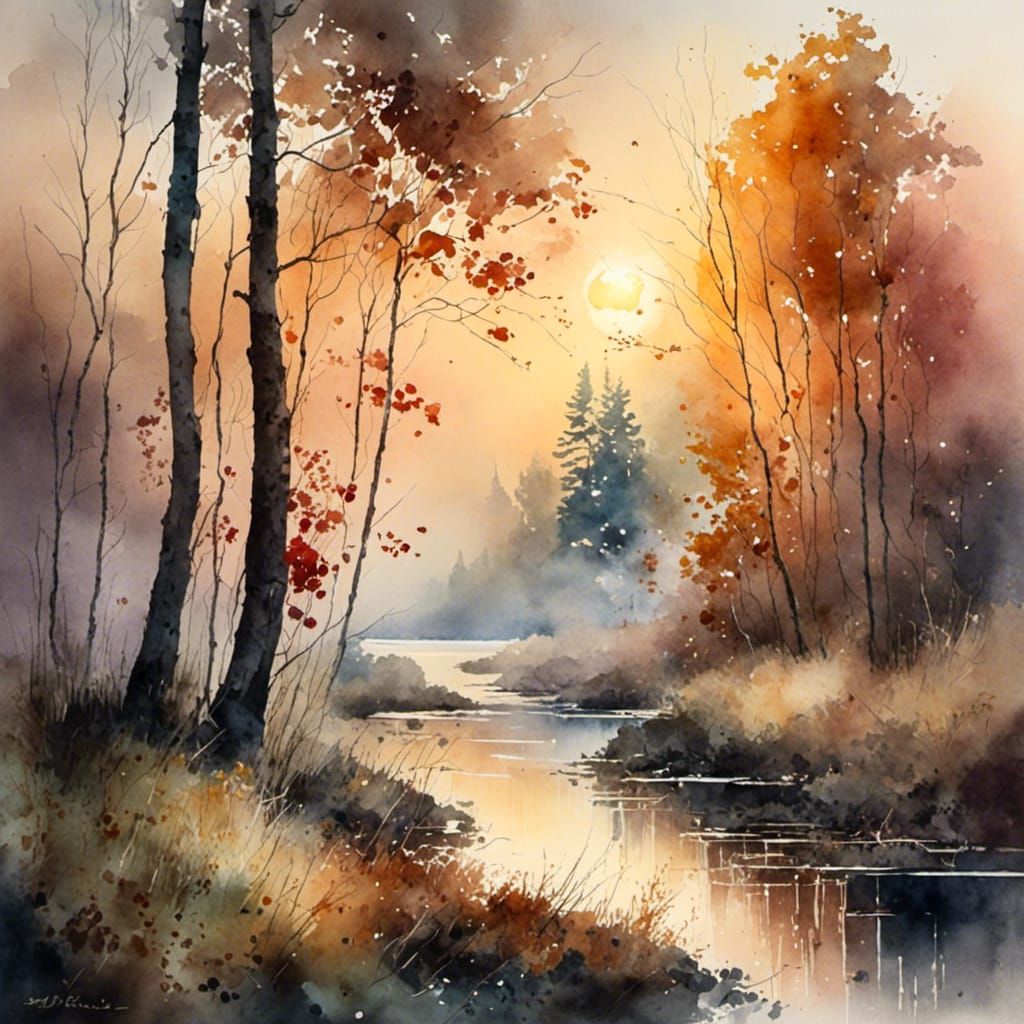 Golden Hour Nature Scene in Watercolor Style